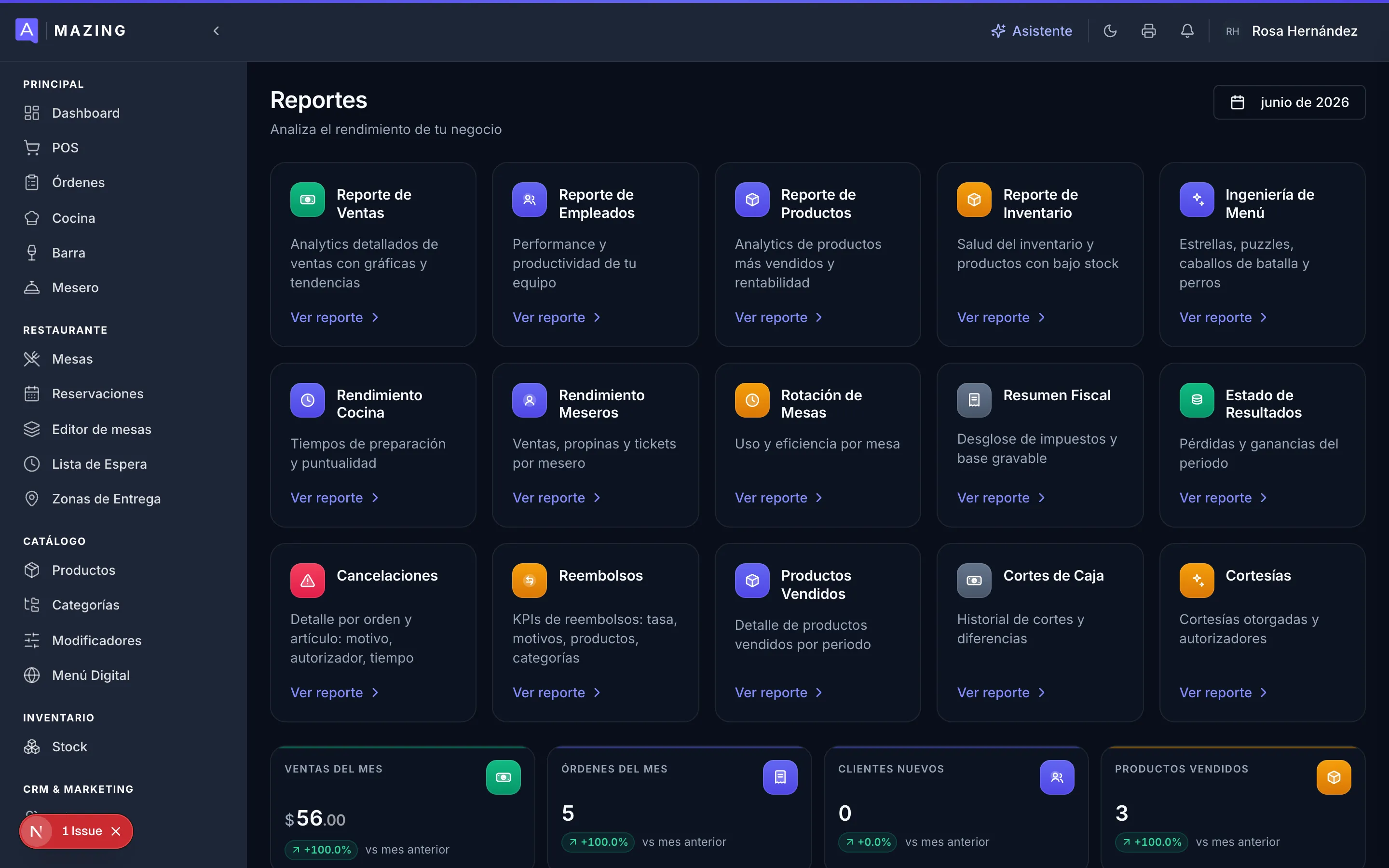 Catálogo de reportes con KPIs del periodo