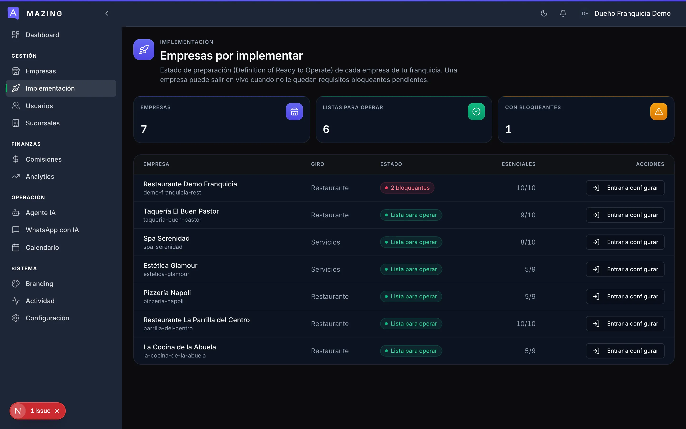 Lista de empresas en el cockpit de implementación