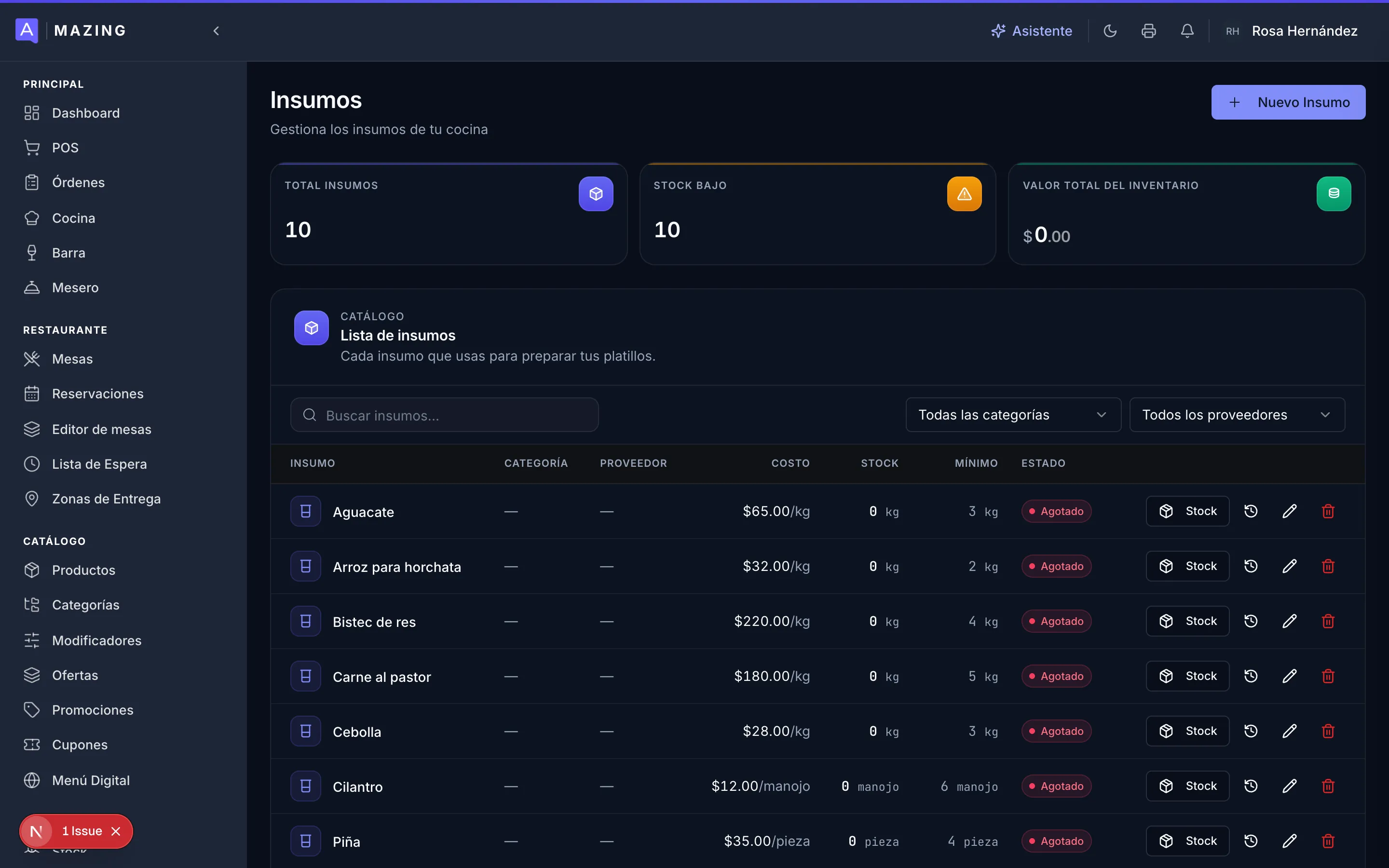 Lista de insumos con costo, stock y alertas de reposición